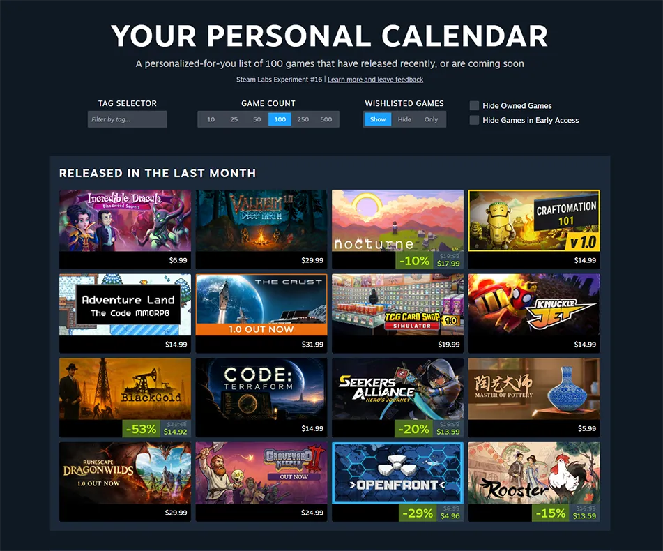 The dedicated Steam Personal Calendar page listing games by release day across eight weeks