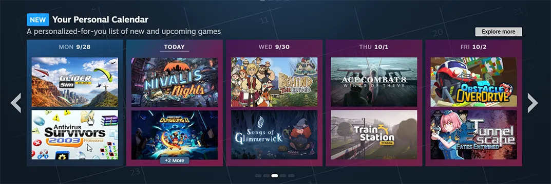 The Steam Personal Calendar strip on the Steam Store front page showing recent and upcoming releases