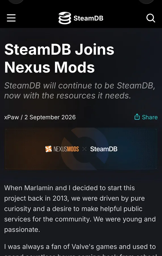 Pirat_Nation post screenshot showing the SteamDB-Nexus Mods acquisition announcement on September 2 2026