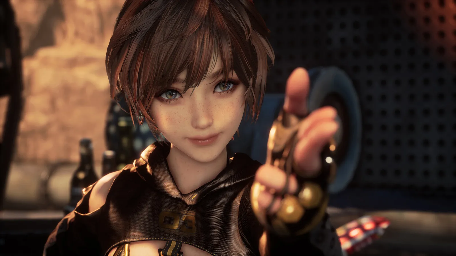 Stellar Blade combat screenshot showing EVE parrying a Naytiba mid-swing under neon signage.
