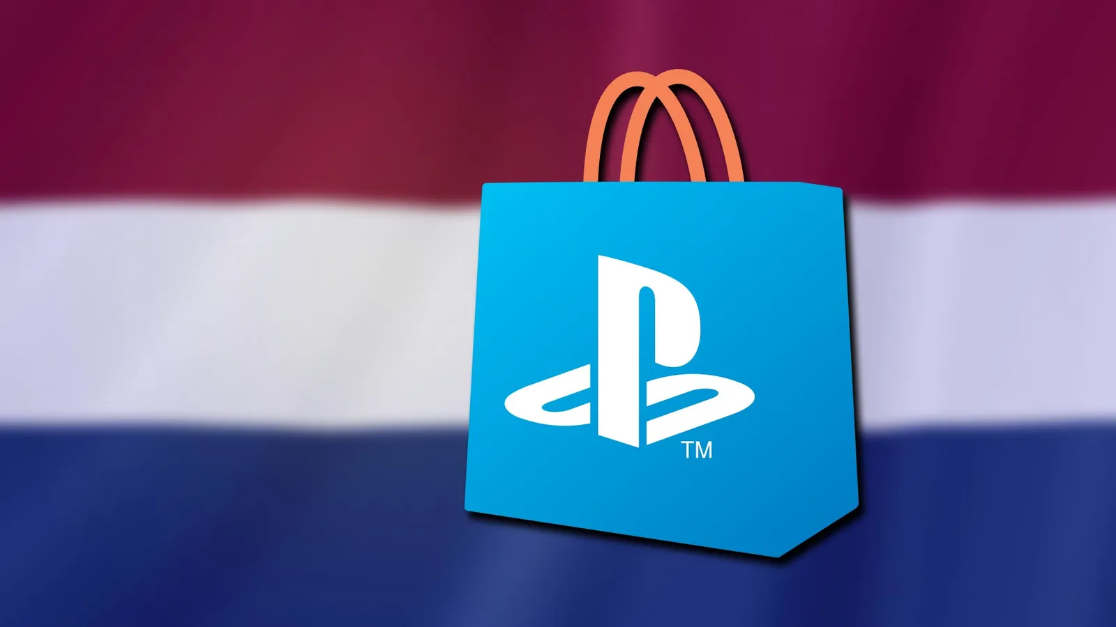 Netherlands flag with the PlayStation Store logo in the foreground, illustrating the Dutch lawsuit against Sony's digital storefront.