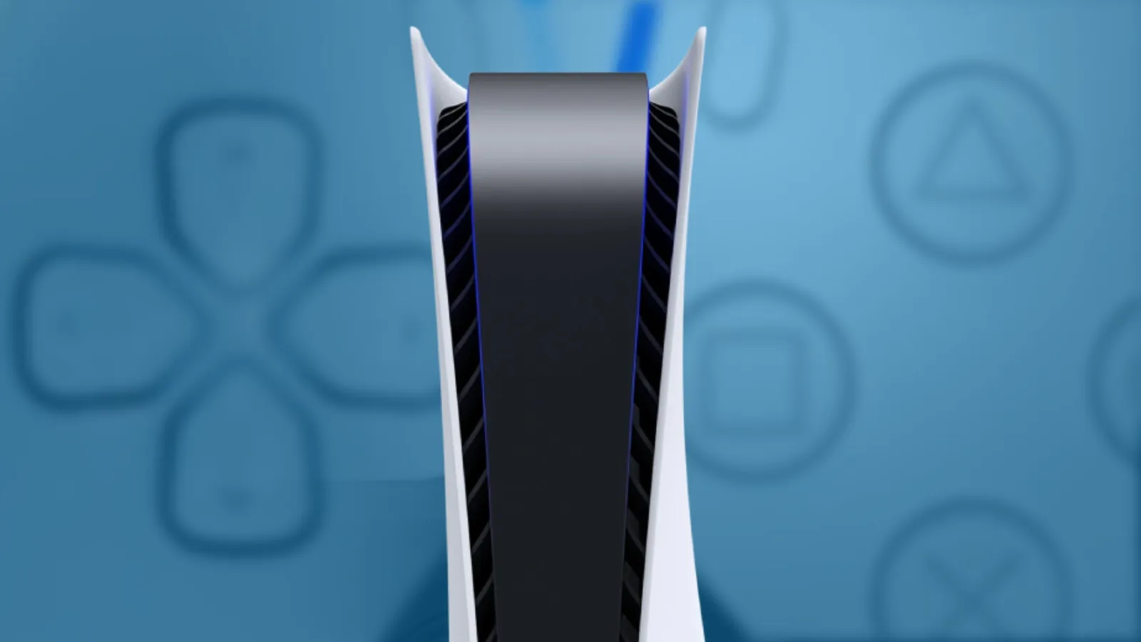 A vertical PlayStation 5 console with the DualSense controller face buttons shown in a faded blue closeup behind it.
