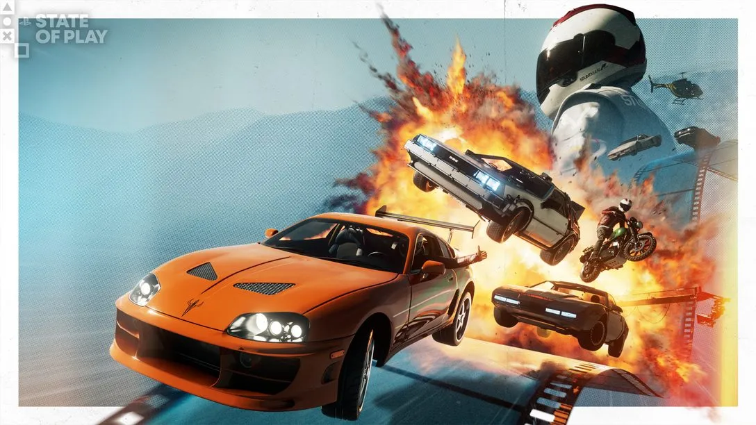 Stuntman Hollywood key art with movie cars and fire