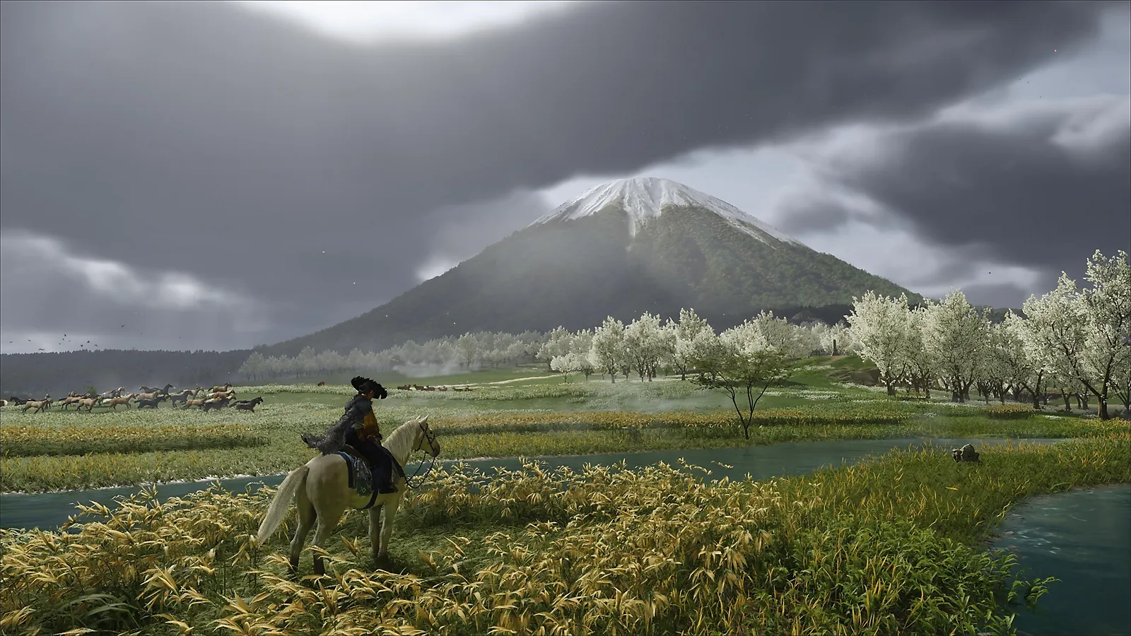 Atsu riding a horse and overlooking a dramatic landscape under angry grey clouds in Ghost of Yotei