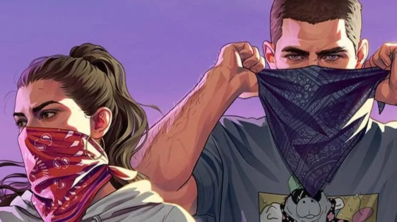 Official Rockstar GTA 6 cover artwork featuring protagonists Lucia and Jason on a Leonida beach.