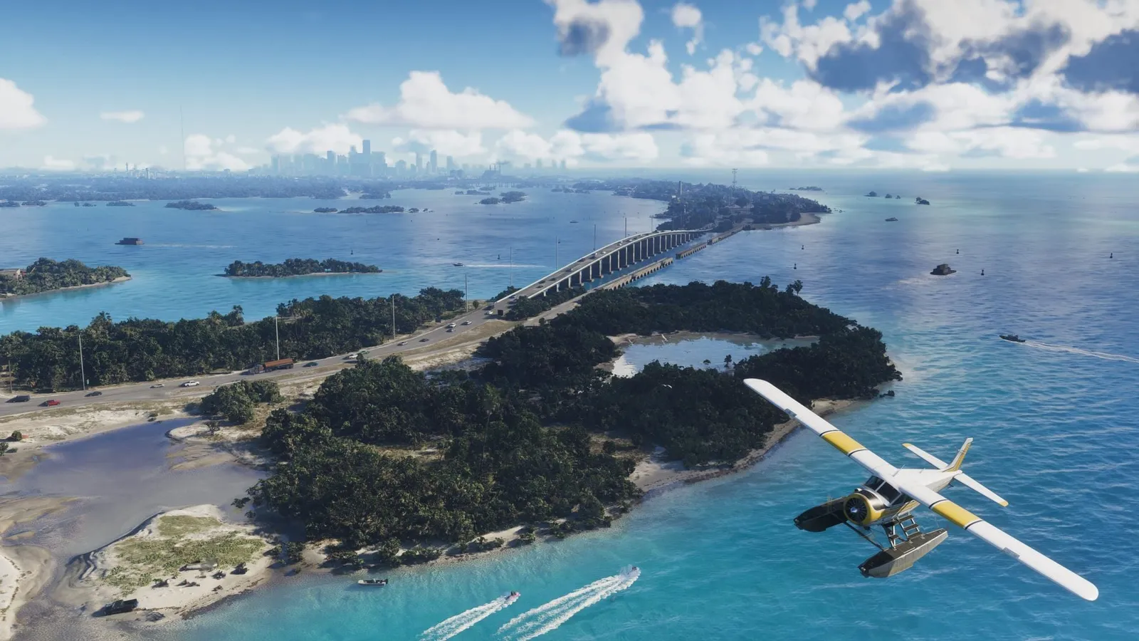 Leaked GTA 6 screenshot of Jason flying a crop duster over the Vice City coastline.