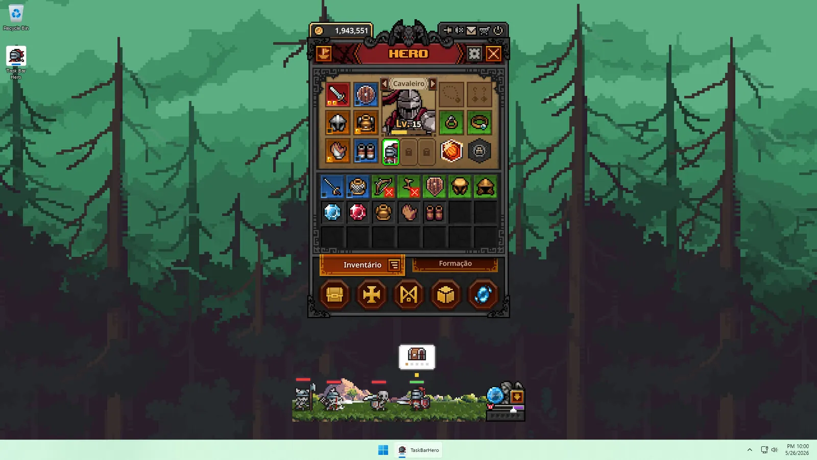 TBH Task Bar Hero gameplay screenshot showing pixel art heroes fighting monsters