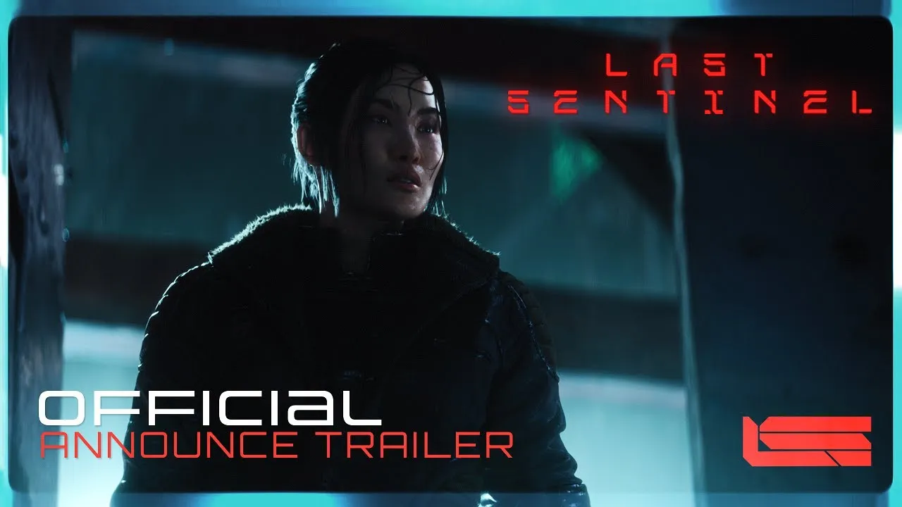 Cyberpunk dystopian skyline with towering neon skyscrapers from the Last Sentinel cinematic trailer