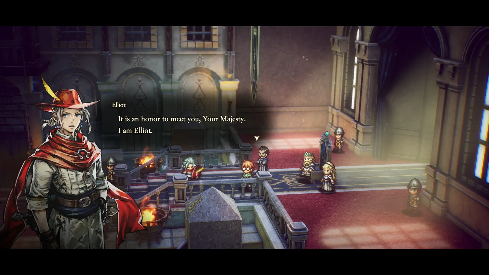 Elliot exploring a ruined temple in HD-2D with glowing light shafts and detailed pixel environments