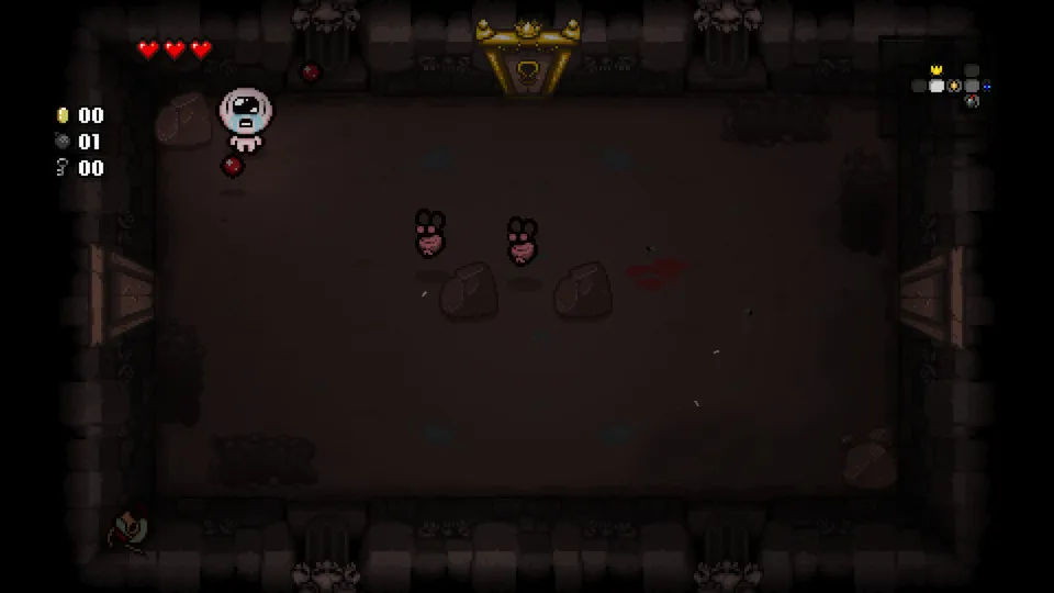 The Binding of Isaac Rebirth gameplay showing Isaac fighting enemies in a procedurally generated dungeon room