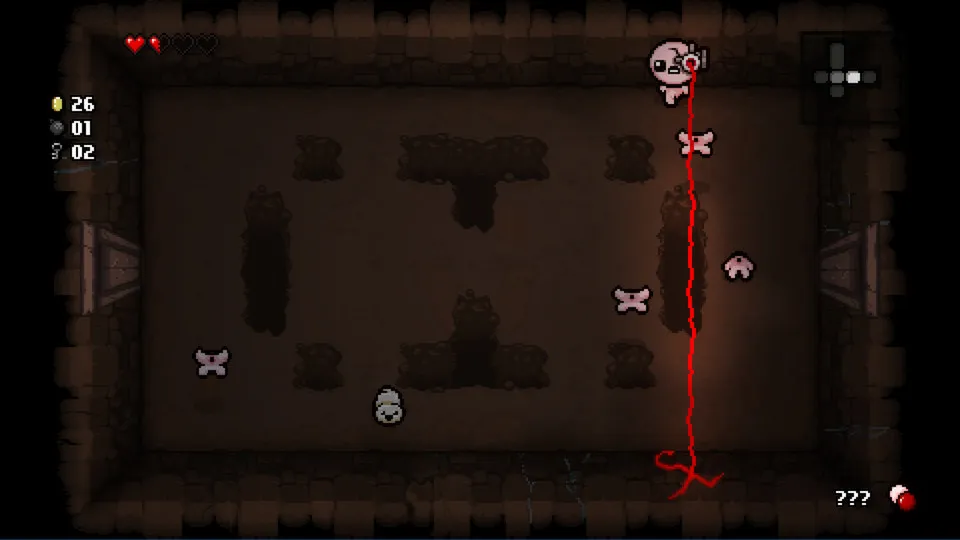 Top-down basement arena showing Isaac surrounded by pickups and a boss spawn portal