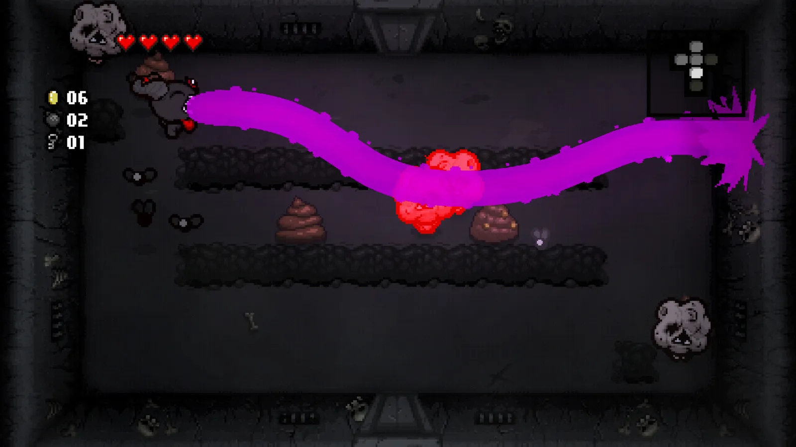 Wide shot of a procedurally generated boss room with multiple enemy types on screen