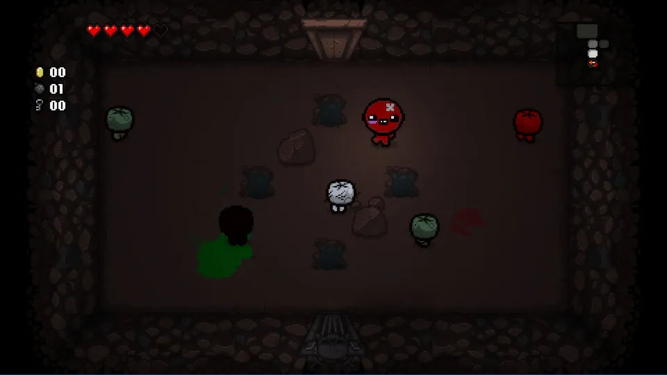 Isaac facing a horde of enemies in a basement dungeon with tear projectiles in mid-flight