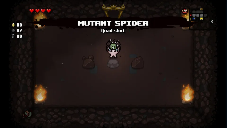 Isaac's item pedestal showing a stacked collection of passive items triggering synergies