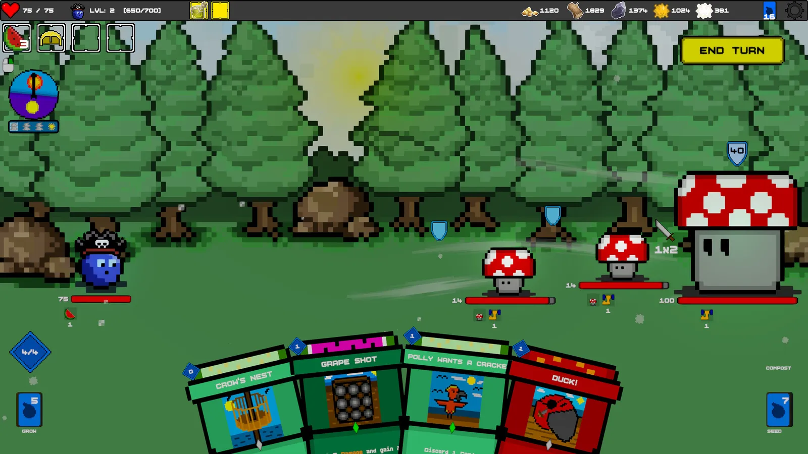 Secret of Circadia deckbuilder combat screen showing card selection and turn-based battle