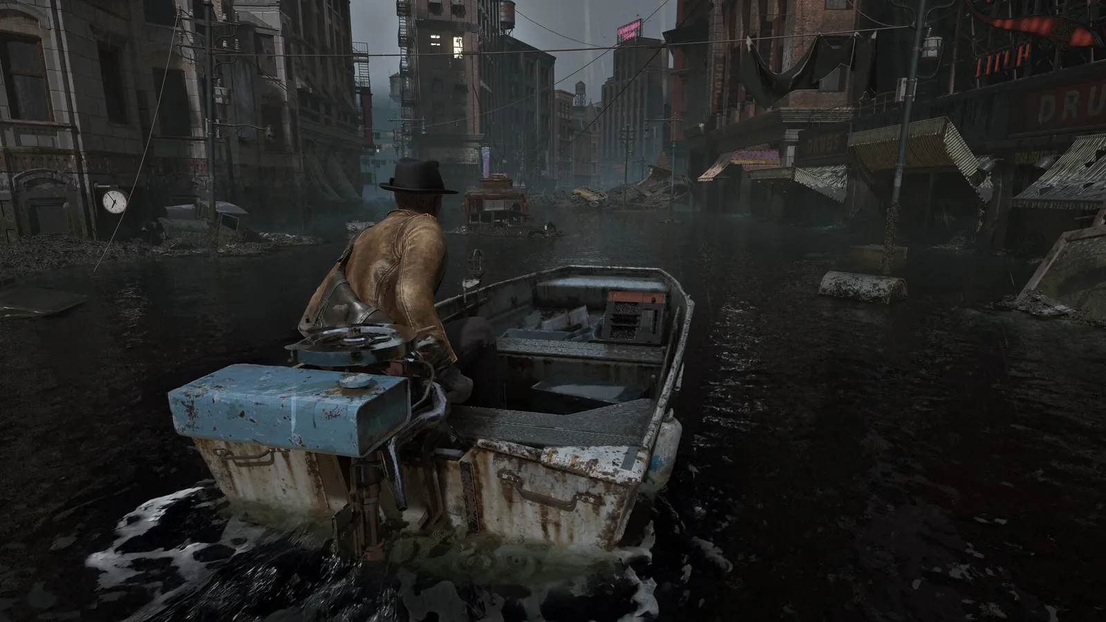 A dark figure standing in flooded Arkham alleys with rain pouring down in The Sinking City 2