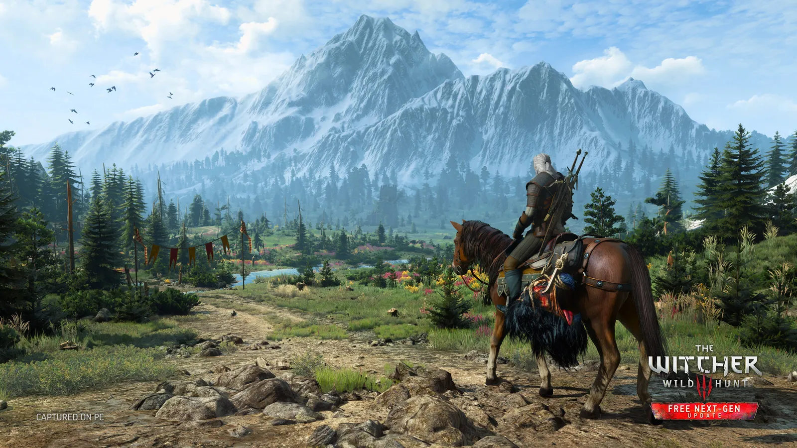 Geralt riding Roach through the forests of Velen in The Witcher 3 Remastered lighting
