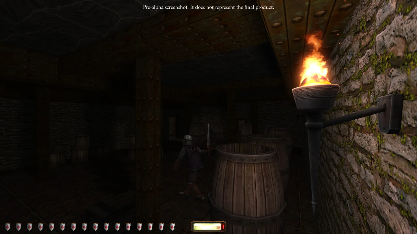 Gameplay screenshot of Thief The Dark Project Remastered showing Garrett sneaking near torchlight