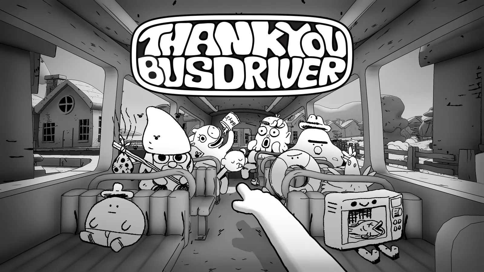 Official 4K wallpaper for Thank You Bus Driver showing the bus rolling through Double Fine Action Labs city art