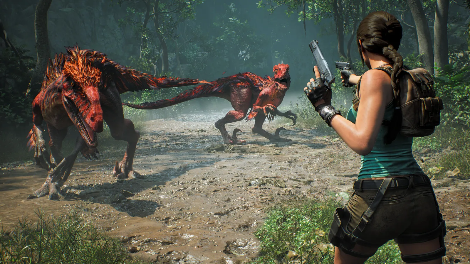 Lara Croft standing in an Atlantis-themed tomb with torch-lit stonework