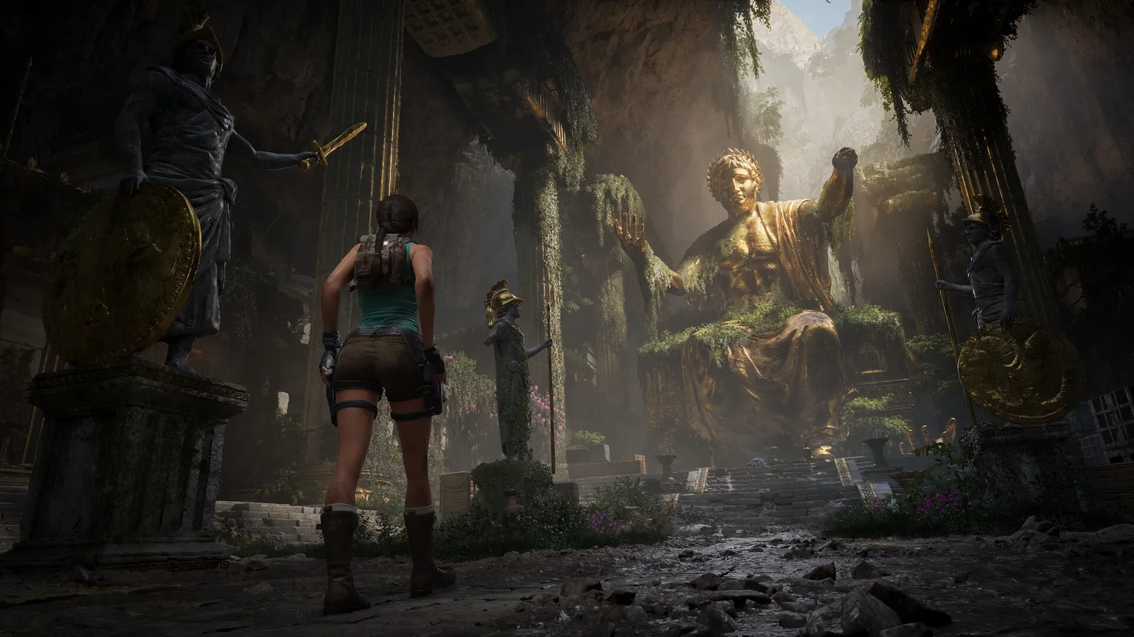 Crystal Dynamics screenshot showing Lara aiming dual pistols in combat stance