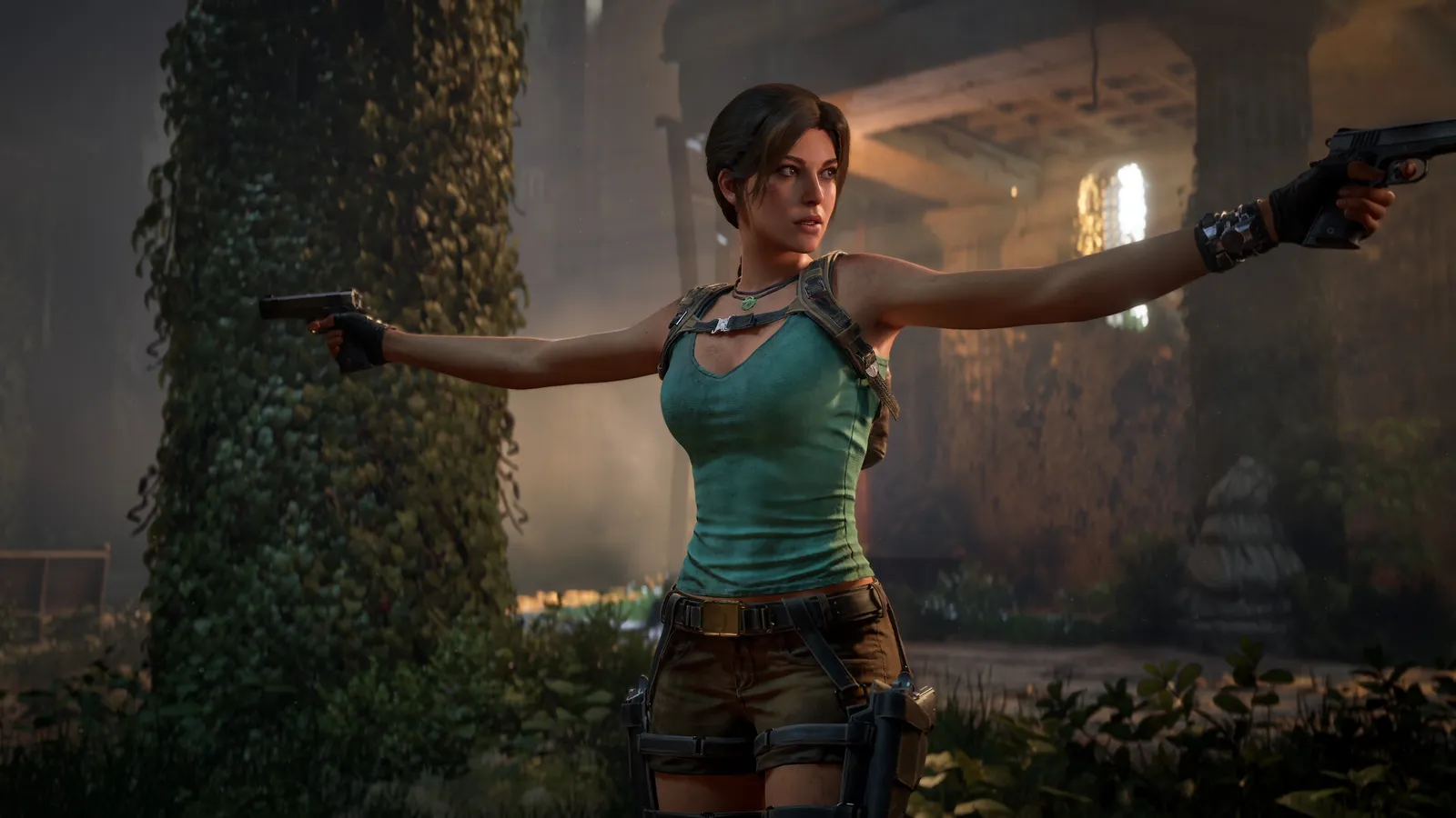 Lara Croft exploring an ancient ruin with rope traversal and crumbling architecture