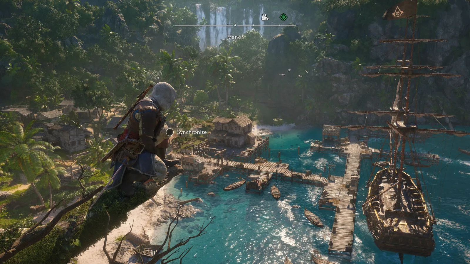 Assassins Creed Black Flag Resynced gameplay screenshot showing open world Caribbean sea
