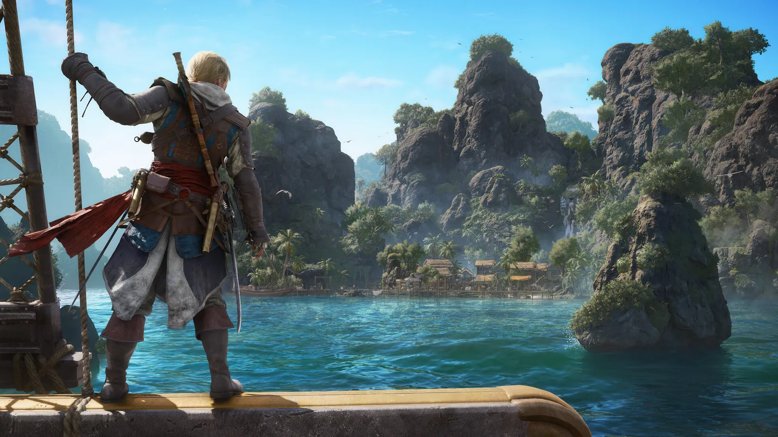 Edward Kenway sailing on a ship in Assassins Creed Black Flag Resynced