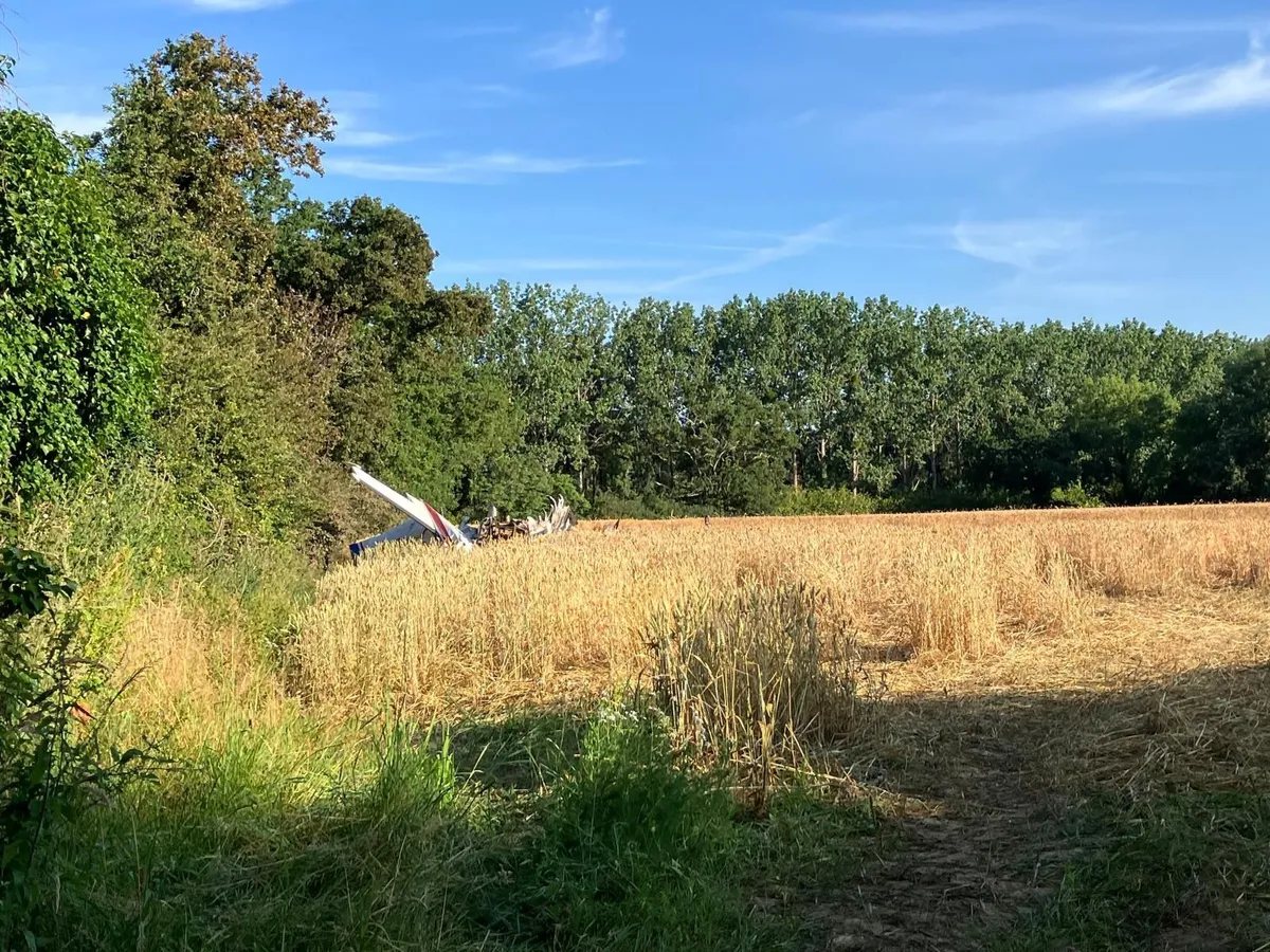 Wreckage of the Cessna 421 aircraft in a field near La Baule aerodrome after the June 19 crash that killed Claude Guillemot