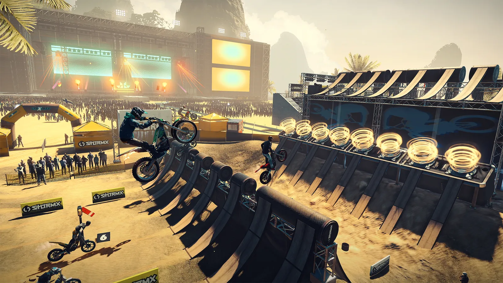 Official Trials Rising screenshot of a track with ramps and balancing platforms
