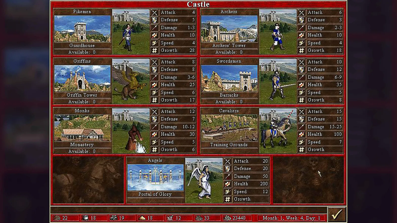 Heroes of Might and Magic III in-game screenshot of the adventure map and castle view