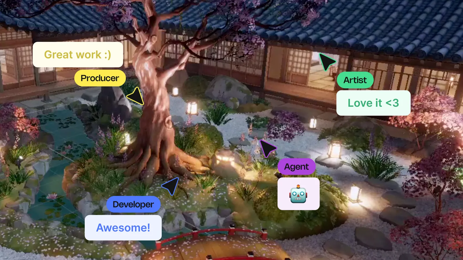Unity 7 Collaborate more easily promo art showing a stylized Japanese garden scene with chat bubbles representing cross-discipline team members.