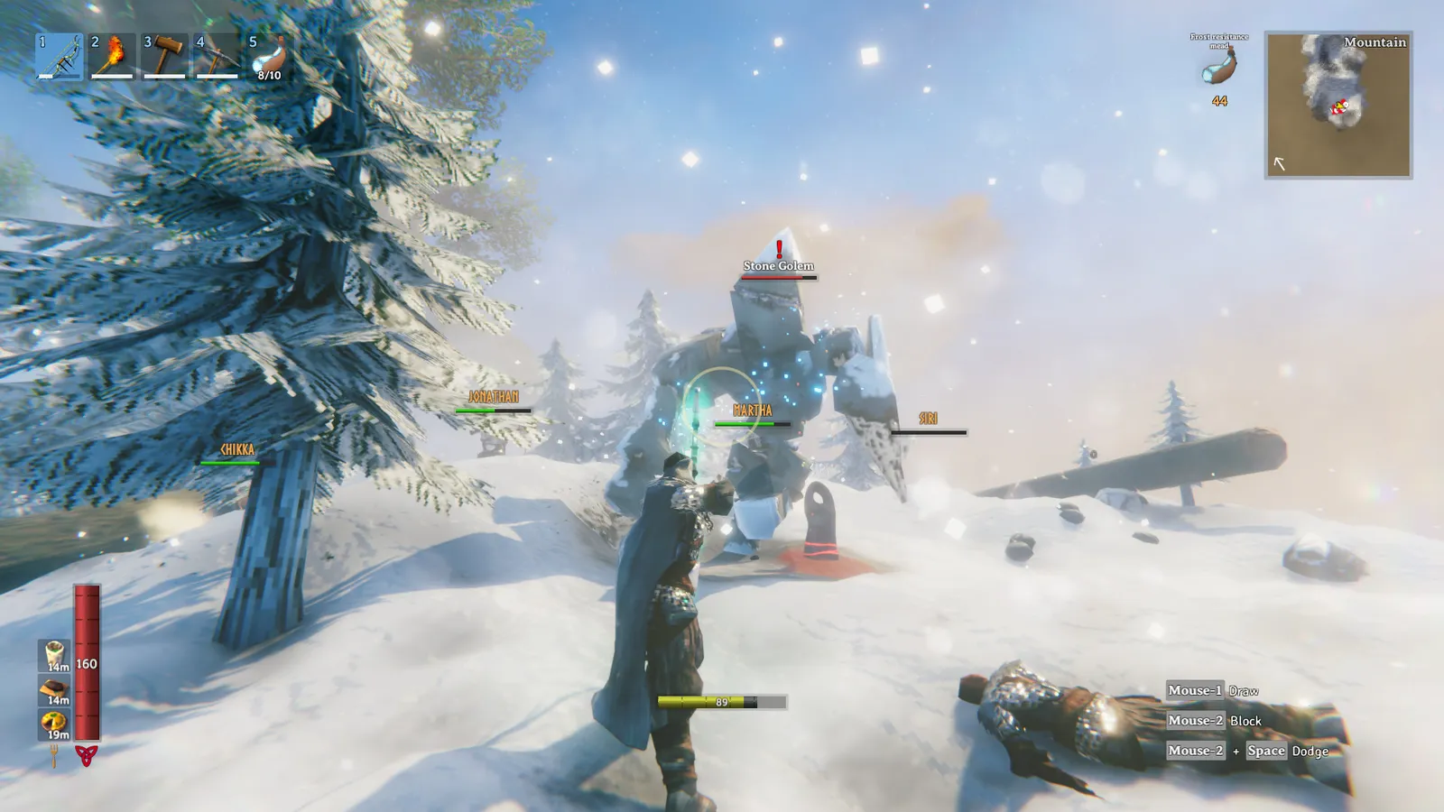Valheim combat scene showing a Viking warrior fighting a troll in open terrain