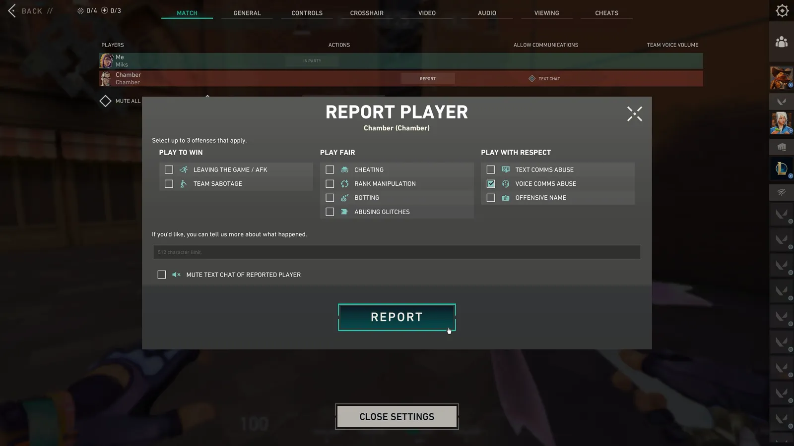 Valorant in-game Report Player screen listing offenses under Play to Win, Play Fair and Play with Respect
