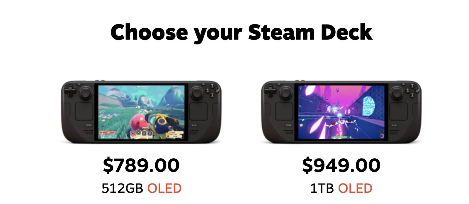 Steam Deck OLED pricing on the Steam store showing updated 512GB and 1TB OLED prices