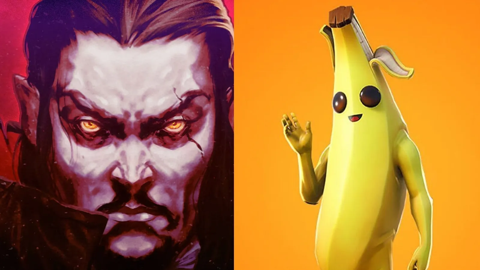 Vampire Survivors character with yellow eyes next to Peeley from Fortnite, official collaboration artwork