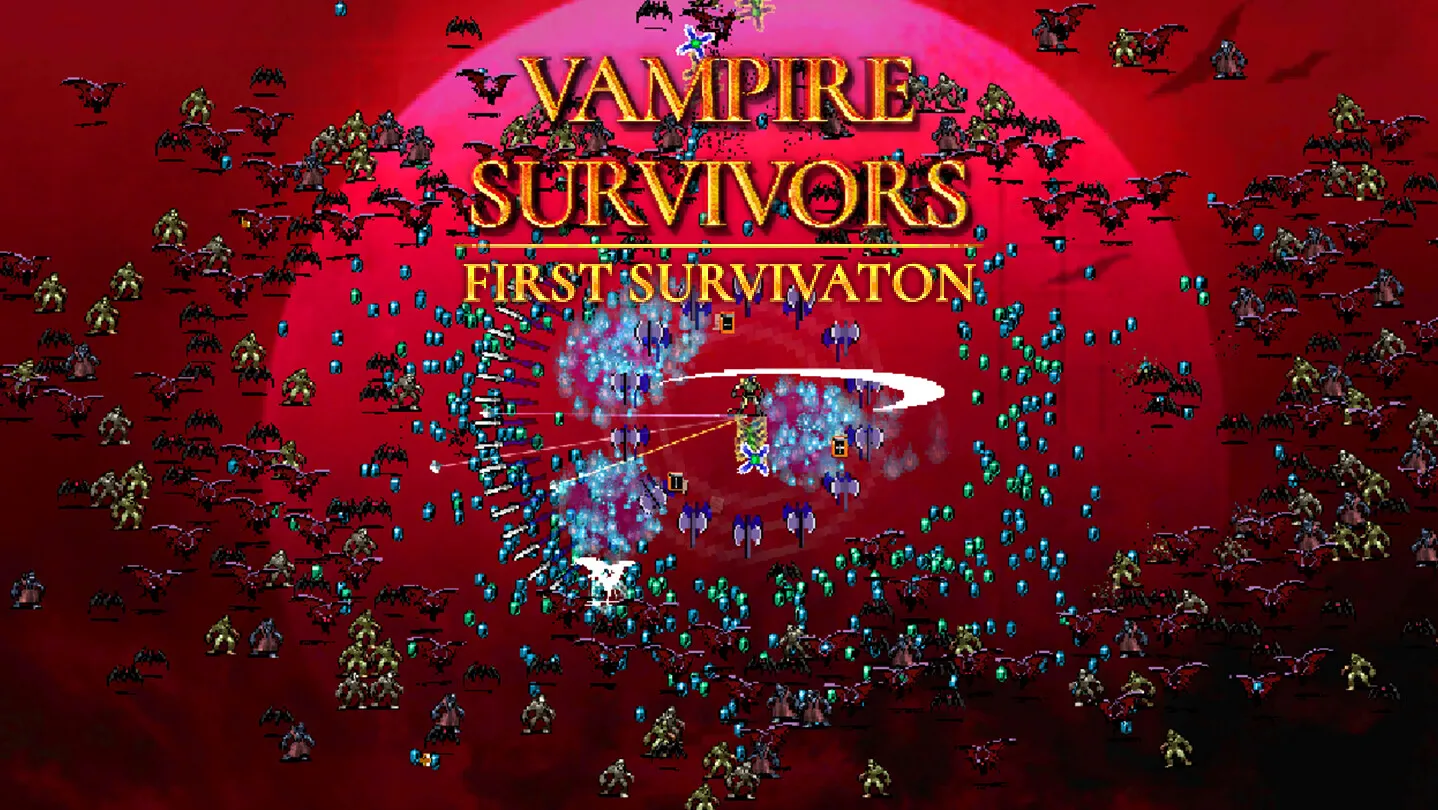 Vampire Survivors Steam page background art showing the protagonist surrounded by enemies