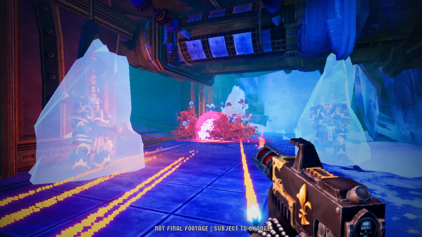 Boltgun 2 screenshot of a close-quarters fight with a chainsword-wielding hero against a horde of cultists in a blood-soaked corridor.