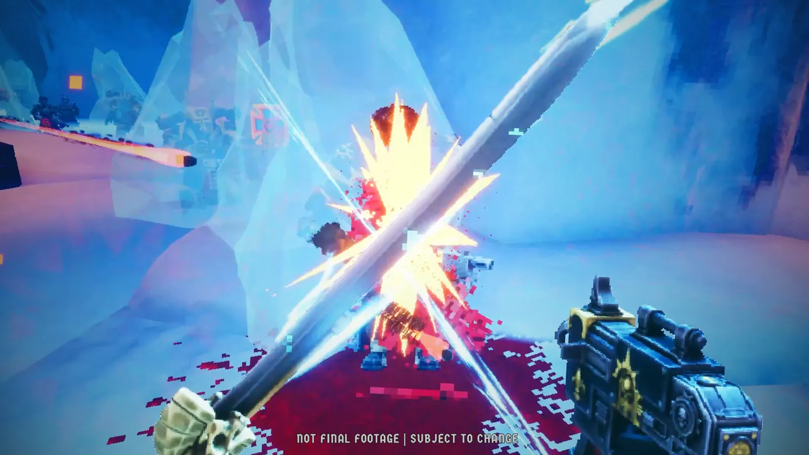 Official Warhammer 40,000 Boltgun 2 screenshot showing a Sister of Battle in heavy armor storming a heretic-held position with bolter fire filling the air.