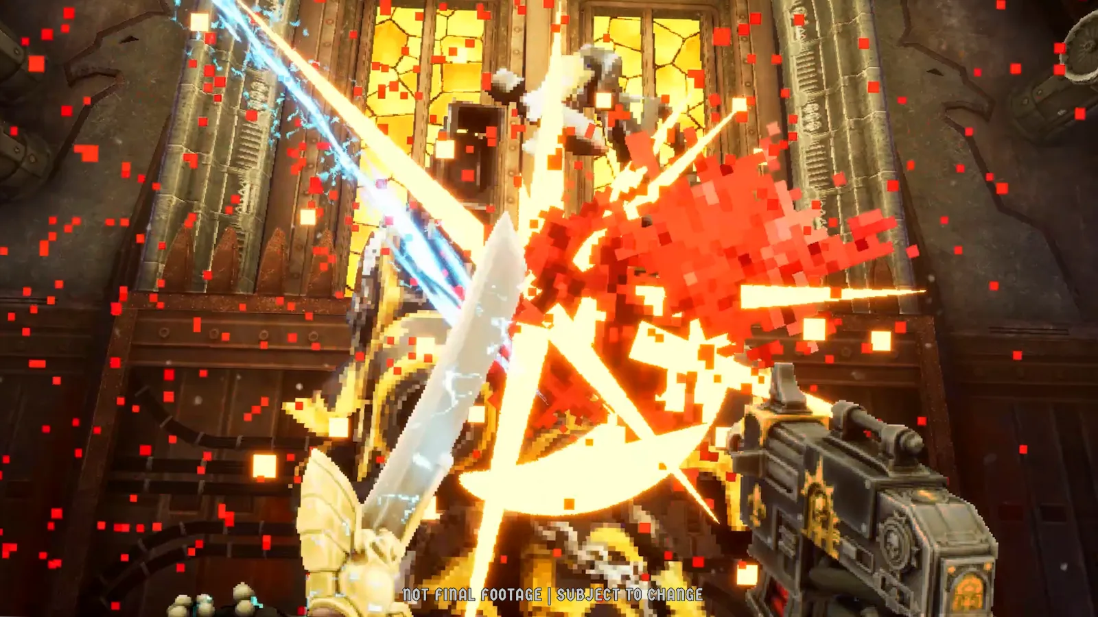 Boltgun 2 screenshot of a squad of Adeptus Astartes advancing through a ruined Imperial cathedral under green sky, the new lighting and gore effects on display.