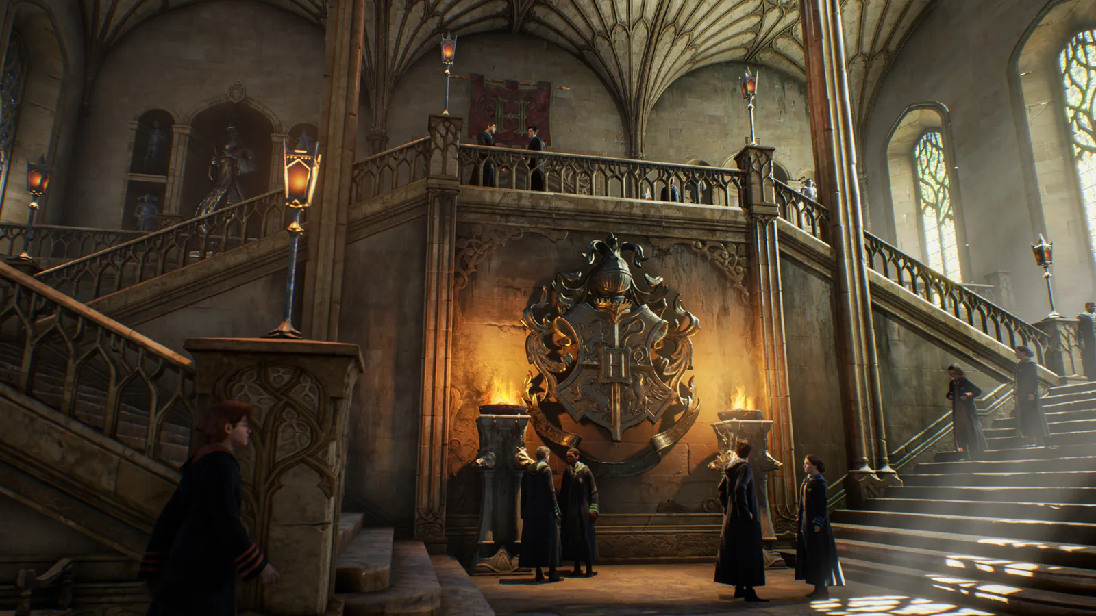Hogwarts Legacy screenshot showing a wizard exploring the castle grounds
