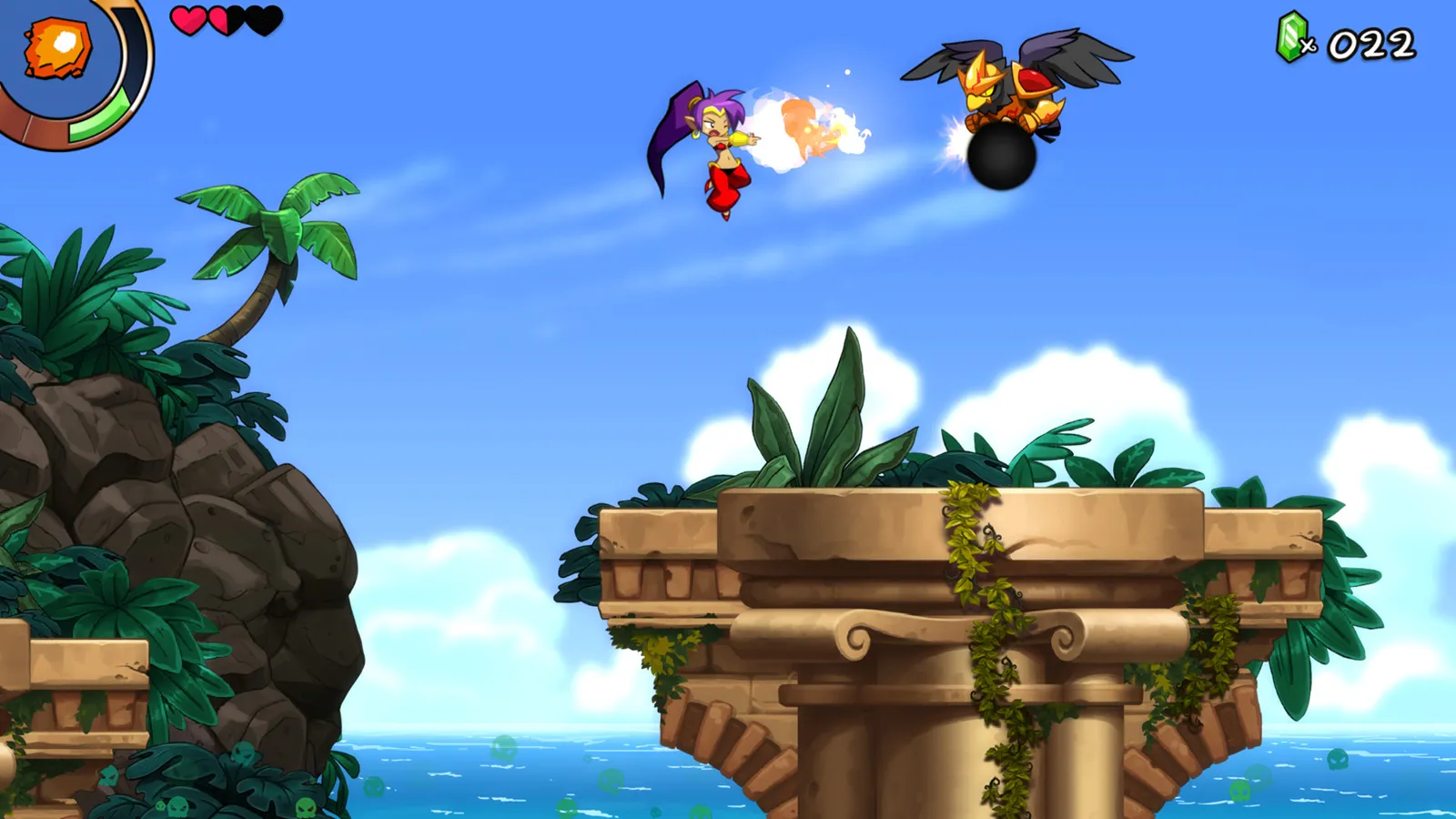 Shantae and the Seven Sirens gameplay showing Shantae in a tropical underwater environment