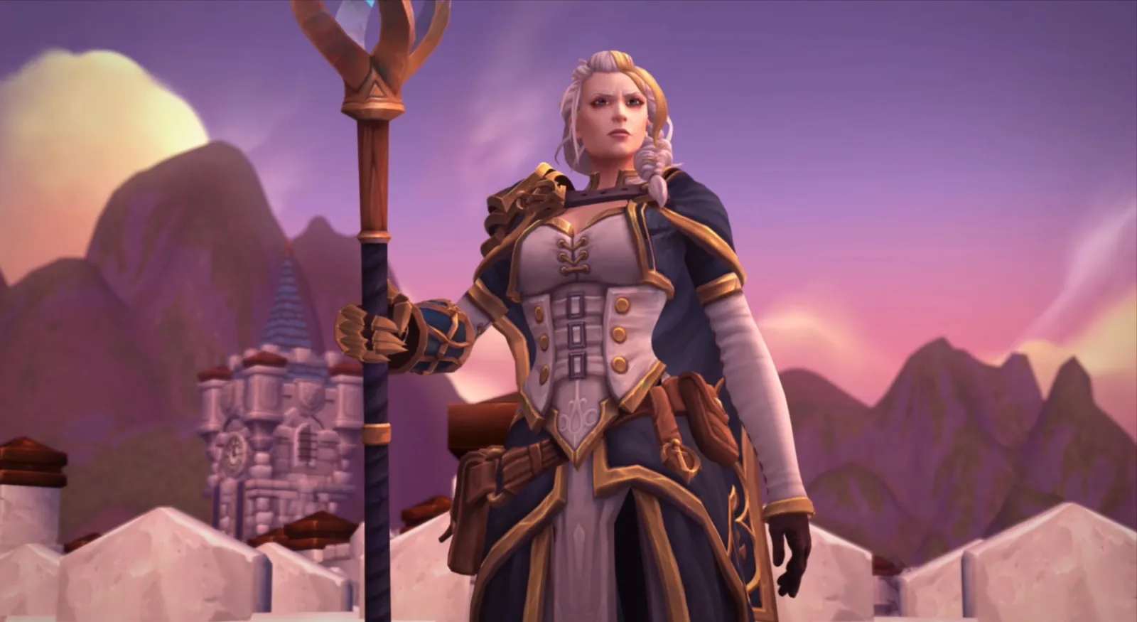 Jaina Proudmoore standing in front of a snowy mountain backdrop in World of Warcraft: Midnight