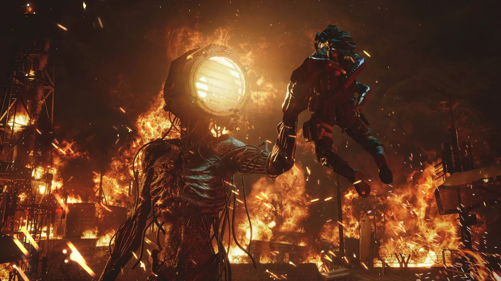 A large lantern-headed monster grabbing a player in a fiery industrial setting from World of Warcraft: Midnight