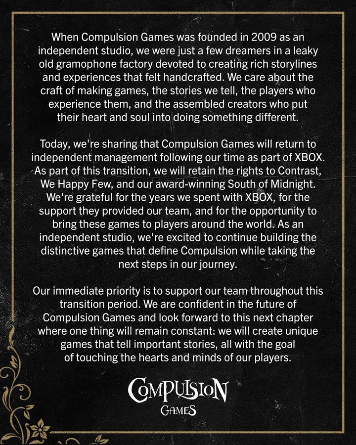 Compulsion Games official statement on becoming an independent studio again July 2026