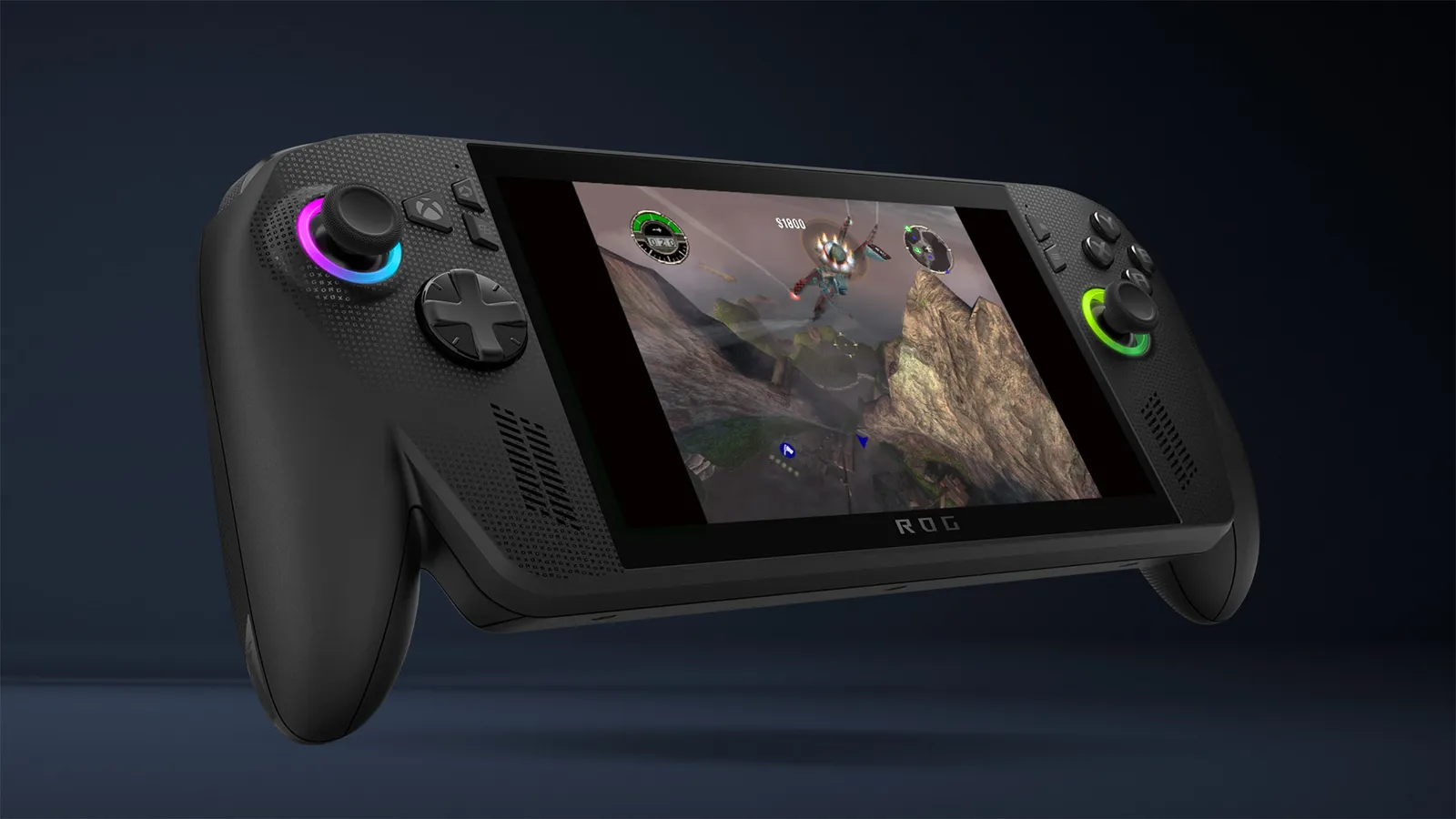 Crimson Skies High Road to Revenge running on a ROG Xbox Ally handheld next to a desktop PC