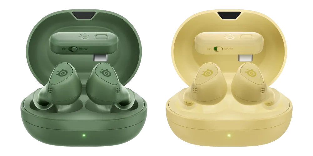 SteelSeries Arctis Gamebuds in Matcha and Yuzu colorway with charging case
