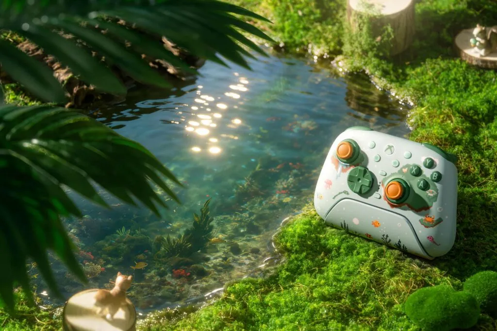 8BitDo Ultimate 3 Controller in Mossy Lagoon colorway with wireless charging dock