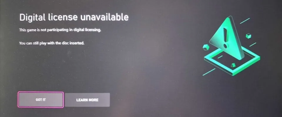 Xbox console screen displaying a message that a game is not participating in digital licensing