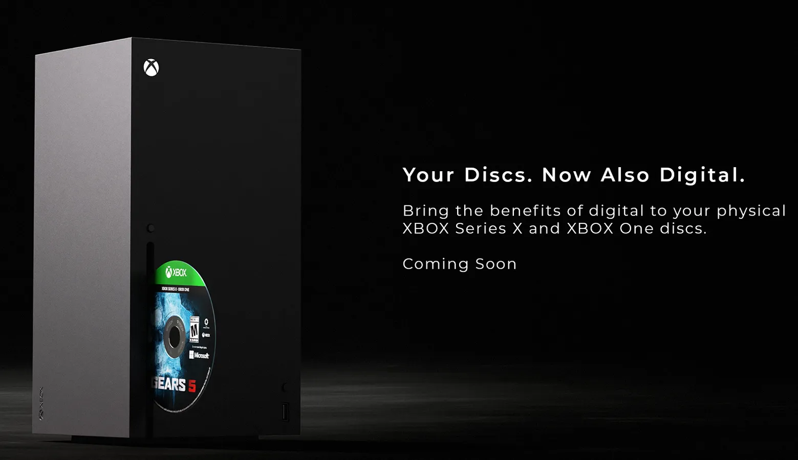 Xbox disc-to-digital promotional artwork showing a game disc becoming a digital library entry